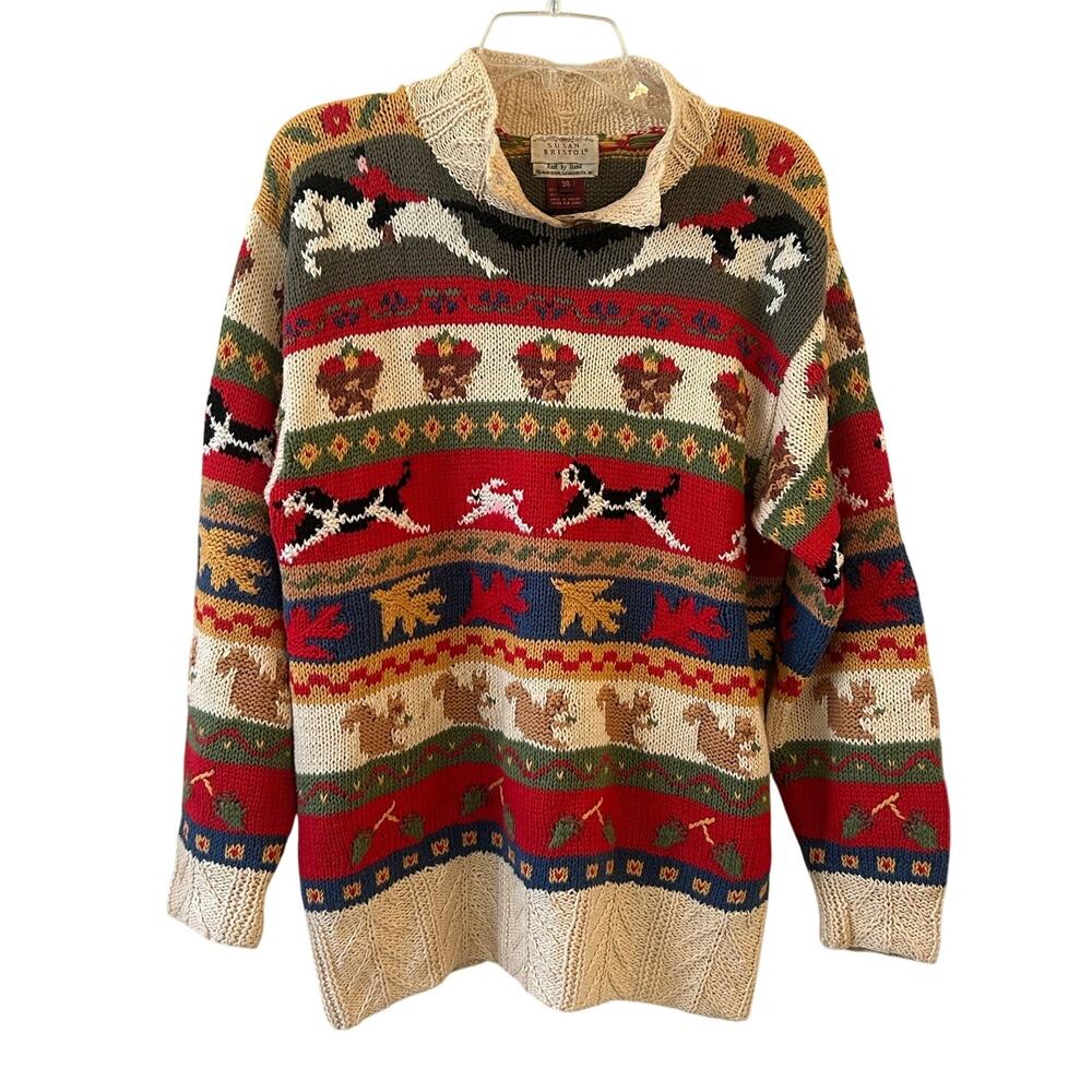 Vintage 1993 Susan Bristol Hand Knit Horse Dog Squirrel Novelty Sweater Size 38